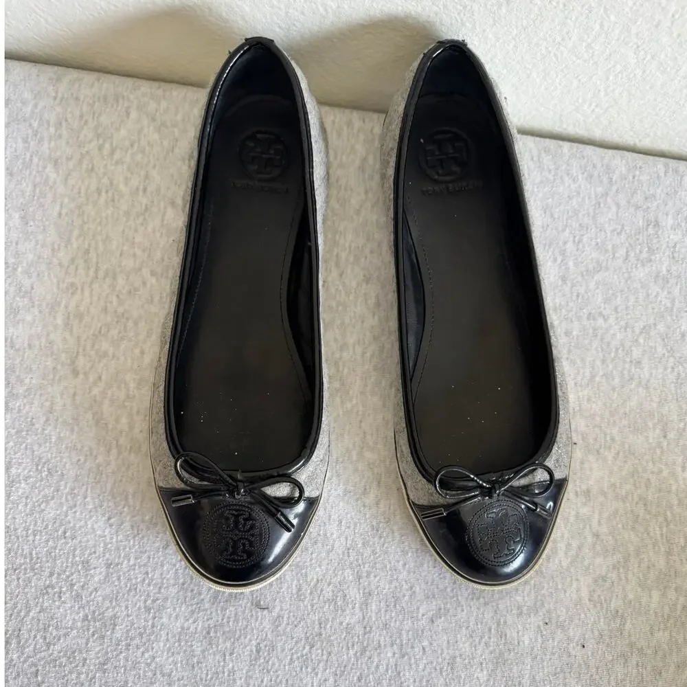 Tory Burch Skyler Grey Quilted Wool and Patent Leather Flats Size 10